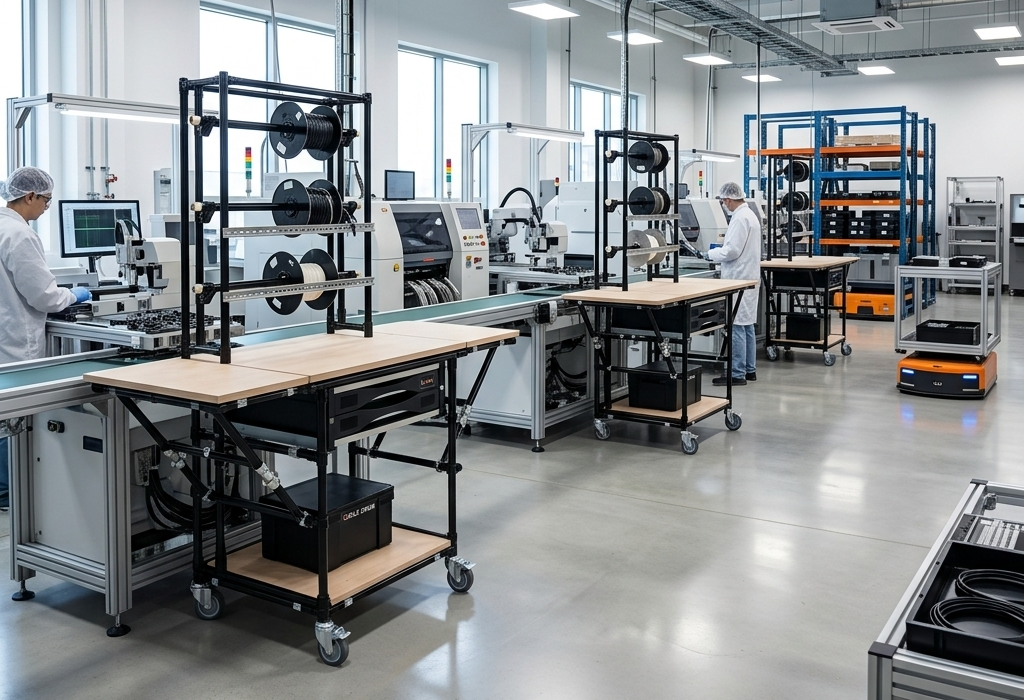 Custom modular workstation for the electronics industry with spool storage and flip down side tables