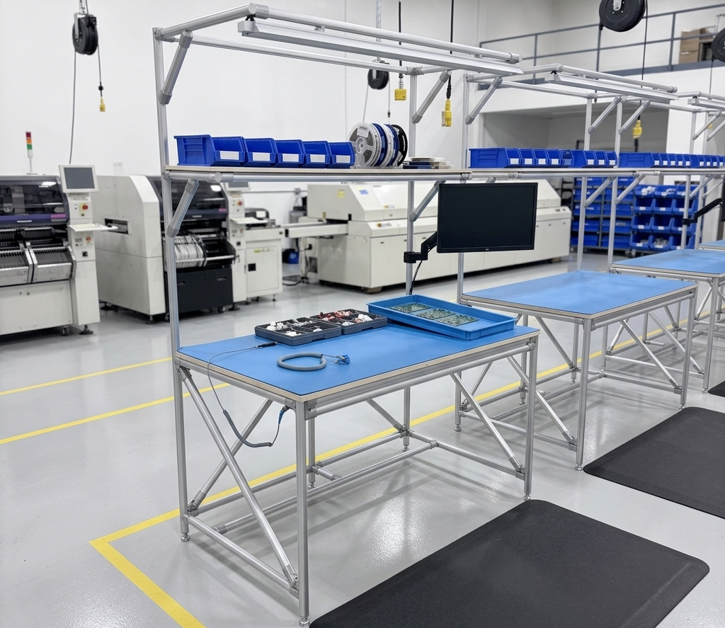 Modular workstation for lean electronics manufacturing made from AluPro