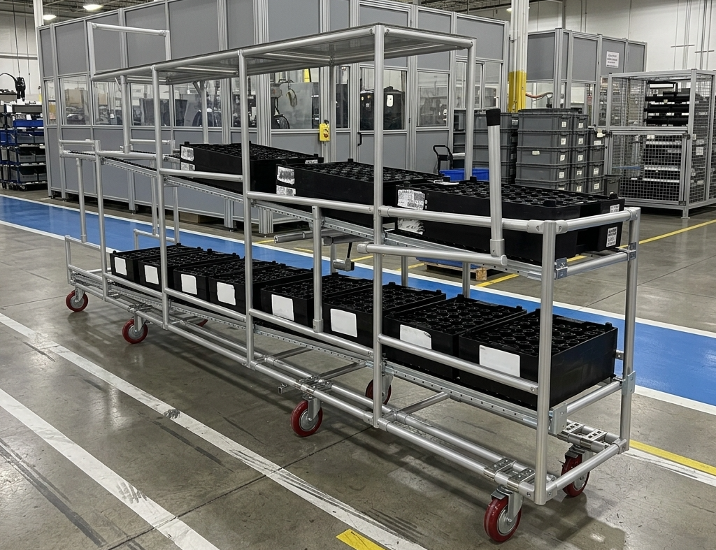 Custom modular gravity flow rack for automotive lean manufacturing. Made from Alupro aluminum framing system.