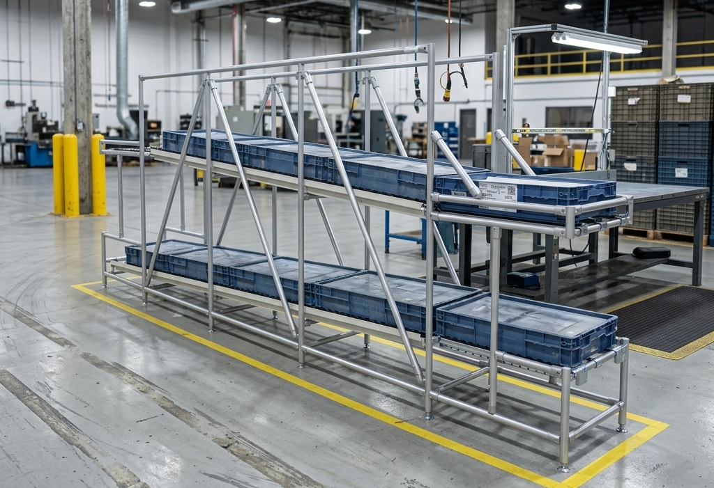 Custom modular gravity flow rack for automotive lean manufacturing. Made from Alupro aluminum framing system.